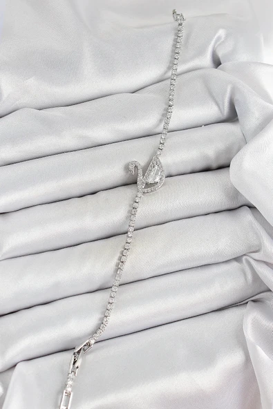 HEYF Pirinç Gümüş Renk Zirkon Taşlı Kuğu Model Kadın Bileklik - Resim 2