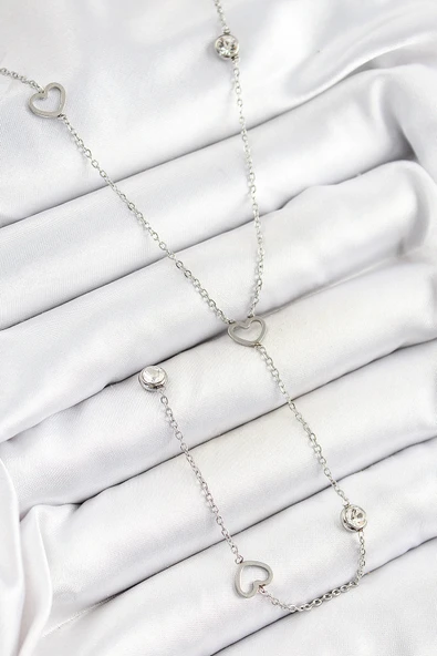 HEYF 316L Çelik Zirkon Taşlı Kalp Figürlü Y Model Gümüş Renk Kadın Kolye ürün görseli 1