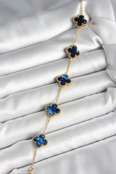 HEYF 316L Çelik Sedefli Lacivert Gold Renk Yonca Kadın Bileklik - Resim 2