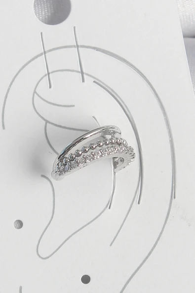 HEYF Pirinç Gümüş Renk Zirkon Taşlı 3'Lü Sıralı Kadın Kıkırdak Küpe ürün görseli 1