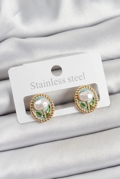 HEYF Pirinç Yeşil Mineli Lale Figürlü Sanatsal Portre Model Gold Renk Kadın Küpe ürün görseli 1