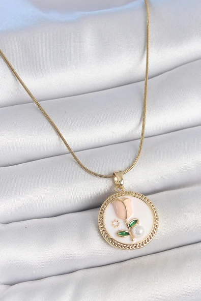 HEYF 316L Çelik Gold Renk Beyaz Mineli İncili Çiçek İşlemeli Portre Model Kadın Kolye ürün görseli 1