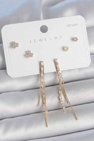 HEYF Pirinç Gold Renk Su Yolu Zirkon Taşlı Sallantı Model Çiçek Detay 925 Ayar Gümüş Çivi Kadın Küpe Seti ürün görseli 1