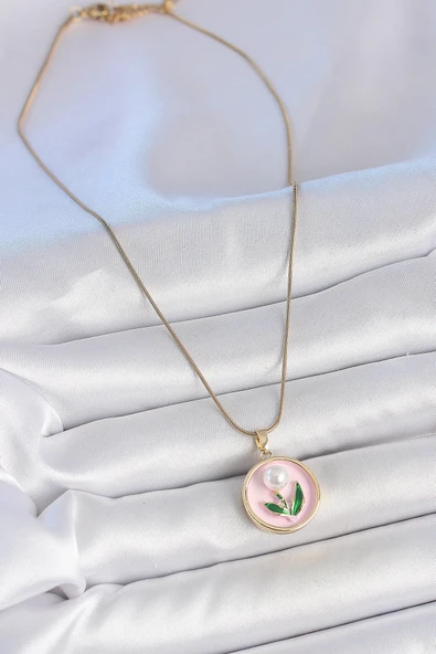 HEYF 316L Çelik Gold Renk Zincir Pembe Mineli İncili Çiçek İşlemeli Portre Model Kadın Kolye - Resim 2