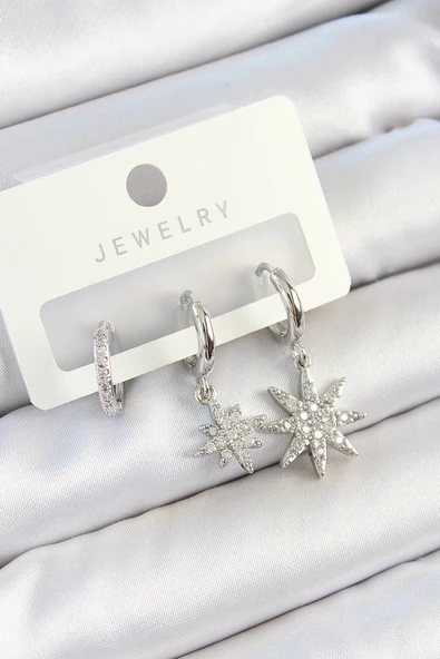 HEYF Pirinç Zirkon Taşlı Kutup Yıldızı Model Gümüş Renk 3'lü Çift Kadın Küpe Set ürün görseli 1