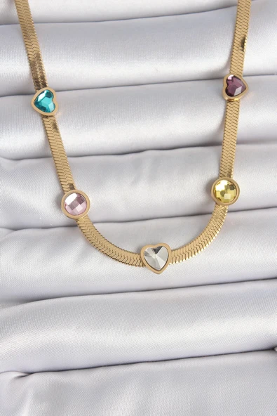 HEYF 316L Çelik Gold Renk İtalyan Zincir Renkli Zirkon Taşlı Kalp Figür Kadın Kolye ürün görseli 1