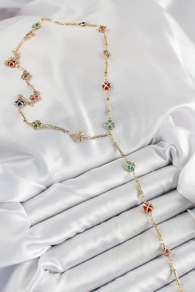 HEYF Pirinç Asorti Kalpli Yonca Model Gold Renk Zirkon Taşlı Y Kolye - Resim 2