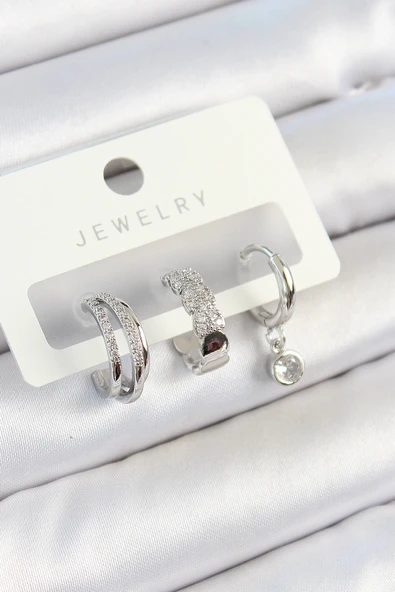 HEYF Pirinç Zirkon Taşlı Halka Model Gümüş Renk 3'lü Çift Kadın Küpe Set ürün görseli 1