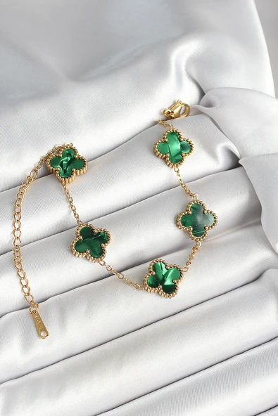 316L Çelik Sedefli Zümrüt Yeşil Gold Renk Yonca Kadın Bileklik - TJ-BB6968 ürün görseli 1