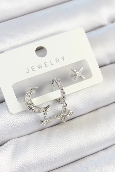 HEYF Pirinç Zirkon Taşlı Çiçek Ve Ay Model Gümüş Renk 3'lü Çift Kadın Küpe Set ürün görseli 1