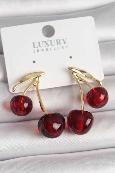 HEYF Pirinç Gold Renk Kırmızı Kiraz Model Kadın Küpe ürün görseli 1