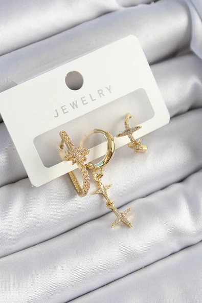 HEYF Pirinç Zirkon Taşlı Yıldız Model Gold Renk 3'lü Çift Kadın Küpe Set ürün görseli 1