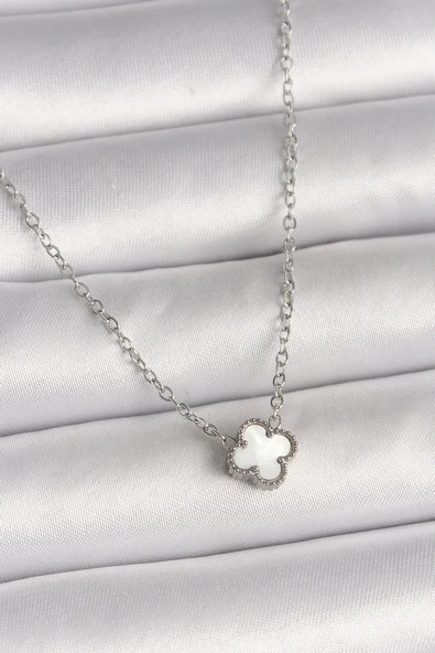 HEYF 316L Çelik Gümüş Renk Beyaz Yonca Model Kadın Kolye ürün görseli 1