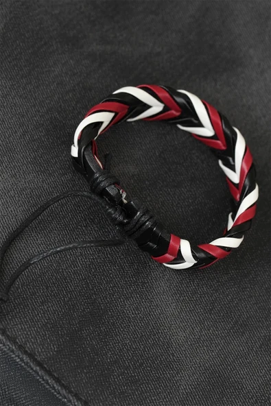 HEYF Bordo Beyaz Siyah Örgü Deri Erkek Bileklik - Resim 2