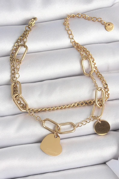 HEYF 316L Çelik Gold Renk 2'Li Zincir Model Sallantı Kalp Figür Kadın Bileklik ürün görseli 1
