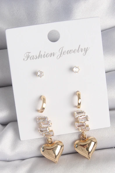 HEYF Pirinç Gold Renk Zirkon Taşlı Sallantılı Kalp Model Yarım Halka Detay 3 Çift Kadın Küpe Seti ürün görseli 1