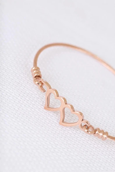 HEYF Rose Çelik Çift Kalp Figürlü Erkek Kelepçe Bileklik - Resim 2