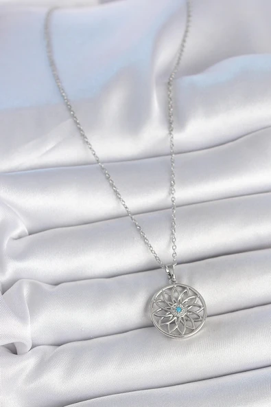 HEYF 316L Çelik Gümüş Renk Zincir Mavi Taşlı Lotus Model Kadın Kolye - Resim 2