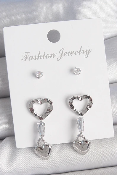 HEYF Pirinç Gümüş Renk Zirkon Taş Detaylı Sallantı Model 2 Çift Kadın Küpe Seti ürün görseli 1