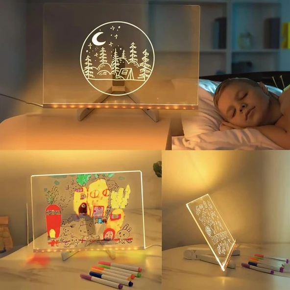 Sunup SN-27126 Dekoratif LED Aydınlatmalı Şeffaf Işıltılı Yazı - Çizim Panosu Tableti - 7 Renk Kalemli Set - Resim 2