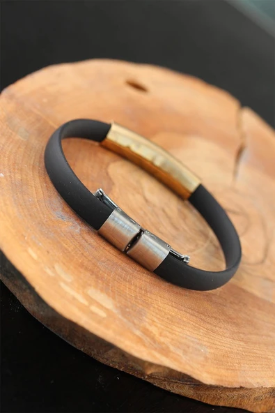 HEYF Gold Renk Metal Ay Yıldız Tasarım Siyah Renk Silikon Erkek Bileklik - Resim 2