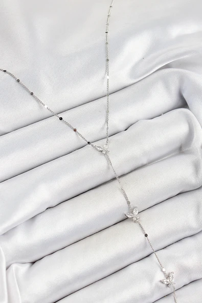 HEYF Pirinç Zirkon Taşlı Sıralı Kelebek Figürlü Y Model Gümüş Renk Kadın Kolye ürün görseli 1