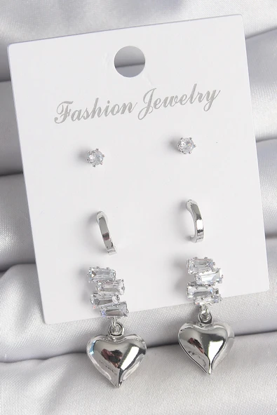 HEYF Pirinç Gümüş Renk Zirkon Taşlı Sallantılı Kalp Model Yarım Halka Detay 3 Çfit Kadın Küpe Seti ürün görseli 1