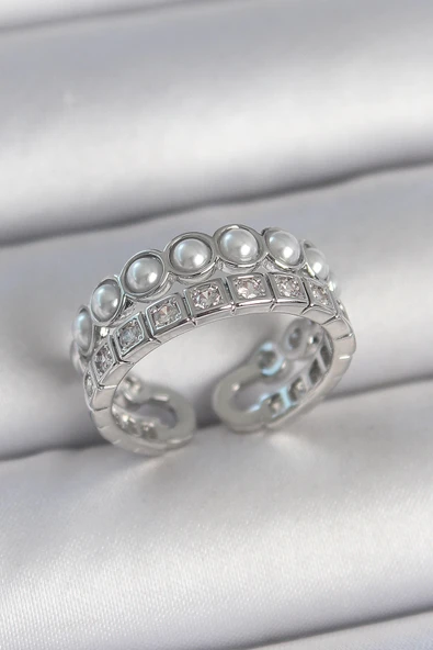 HEYF Pirinç Gümüş Renk 2'Li Sıra Zirkon Taşlı Ve İncili Ayarlanabilir Kadın Yüzük ürün görseli 1