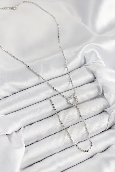 HEYF Pirinç Zirkon Taşlı Ezme Zincirli Kalp Model Gümüş Renk Y Kolye - Resim 2