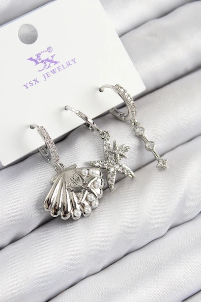 HEYF Pirinç Zirkon Taşlı 3'lü Yıldız Ve İstiridye Model Gümüş Renk Kadın Küpe ürün görseli 1