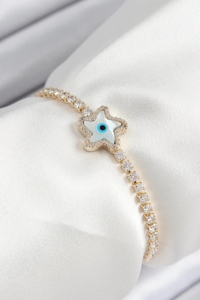 HEYF Pirinç Zirkon Taşlı Nazar Yıldız Model Gold Renk Asansörlü Kadın Bileklik ürün görseli 1