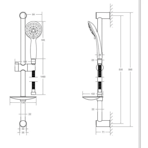 Sürgülü Duş Seti Krom Kaplama Şeffaf Sabunluklu Ayarlanabilir Yükseklik Lüks Banyo Duş Takımı - Resim 2