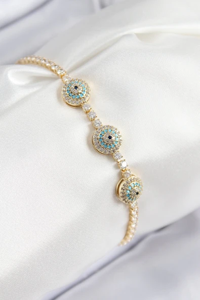 HEYF Pirinç Zirkon Taşlı Nazar Model Gold Renk Kadın Bileklik ürün görseli 1