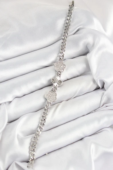 HEYF Pirinç Zirkon Taşlı Yonca Model Gümüş Renk Kadın Bileklik - Resim 2