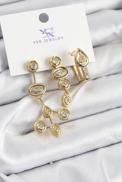 HEYF Pirinç Zİrkon Taşlı Geometrik Model Gold Renk 3'lü Kadın Küpe ürün görseli 1