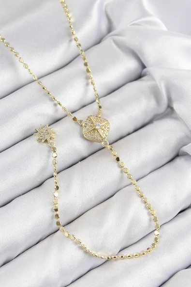 HEYF Pirinç Zirkon Taşlı Ezme Zincirli Madalyon Model Gold Renk Y Kolye ürün görseli 1