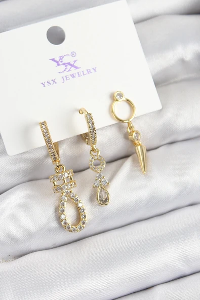 HEYF Pirinç Zİrkon Taşlı Sallantılı Model Gold Renk 3'lü Kadın Küpe ürün görseli 1