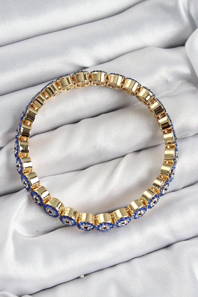 HEYF Pirinç Zirkon Taşlı Lacivert Nazar Model Gold Renk Lastikli Kadın Bileklik - Resim 2