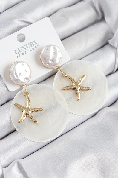 HEYF Pirinç İncili Deniz Kabuğu Figürlü Sedef Model Gold Renk Kadın Küpe ürün görseli 1