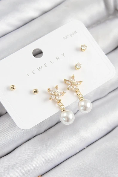 HEYF Pirinç Zirkon Taşlı İnci Sallantılı Çiçek Model Gümüş Renk 925 Ayar Gümüş Çivi Kadın Küpe Set ürün görseli 1