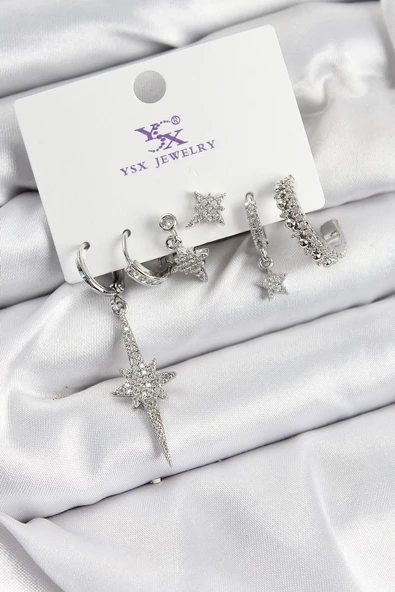 HEYF Pirinç Zİrkon Taşlı Kutup Yıldızı Model Gümüş Renk 3'lü Çift Kadın Küpe ürün görseli 1