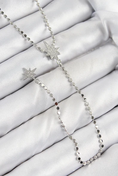 HEYF Pirinç Zirkon Taşlı Ezme Zincirli Kutup Yıldızı Model Gümüş Renk Y Kolye ürün görseli 1