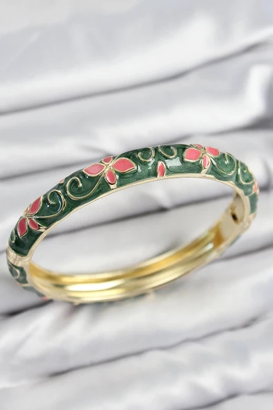 HEYF Mineli Pirinç Yeşil Çiçek Motifli Gold Kadın Kelepçe ürün görseli 1