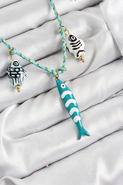 HEYF Seramik Motifli Balık Figürlü Model Mavi İp Kadın Kolye ürün görseli 1