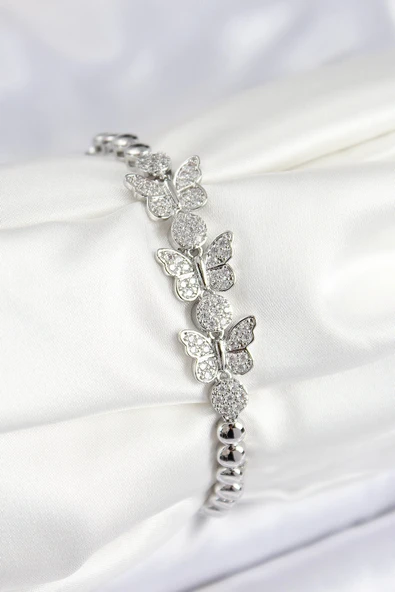 HEYF Pirinç Zirkon Taşlı Kelebek Model Gümüş Renk Kadın Bileklik ürün görseli 1