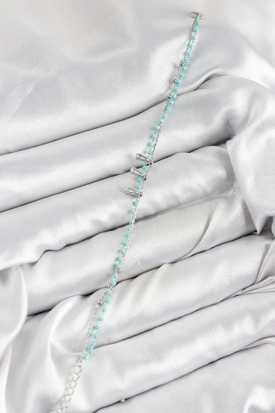 HEYF Pirinç Zirkon Taşlı Mavi Boncuklu Model Gümüş Renk Kadın Bileklik - Resim 2