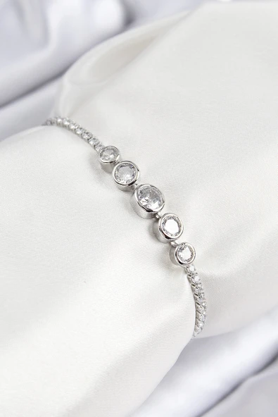 HEYF Pirinç Zirkon Taşlı Sıralı Daire Model Gümüş Renk Asansörlü Kadın Bileklik ürün görseli 1