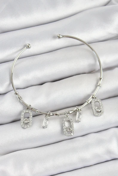 HEYF Pirinç Zirkon Taşlı Dikdörtgen Model Gümüş Renk Charm Bileklik ürün görseli 1