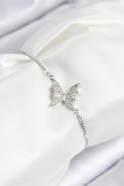 HEYF Pirinç Zirkon Taşlı Kelebek Model Gümüş Renk Asansörlü Kadın Bileklik ürün görseli 1