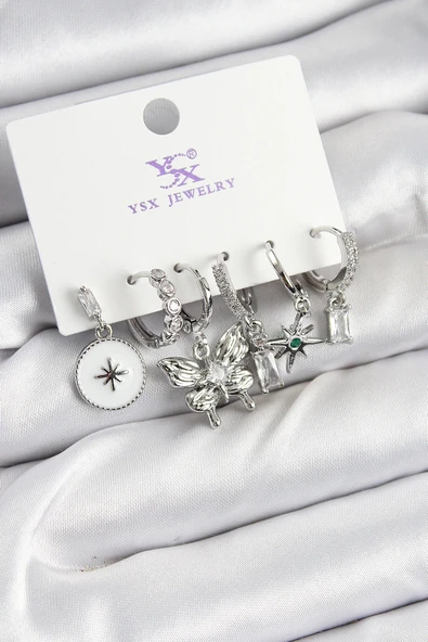 HEYF Pirinç Zİrkon Taşlı Kelebek ve Yıldız Model Gümüş Renk 3'lü Çift Kadın Küpe ürün görseli 1